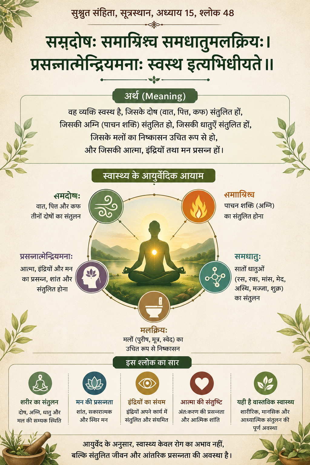 सुश्रुत संहिता, सूत्रस्थान 15.48 — दोष, अग्नि, धातु, मल और आत्मा, इंद्रियों तथा मन की प्रसन्नता को स्वास्थ्य के रूप में परिभाषित करने वाला संस्कृत श्लोक।