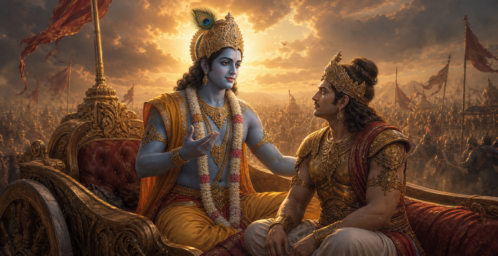 Lord Krishna delivering the discourse of the Bhagavad Gita on the battlefield