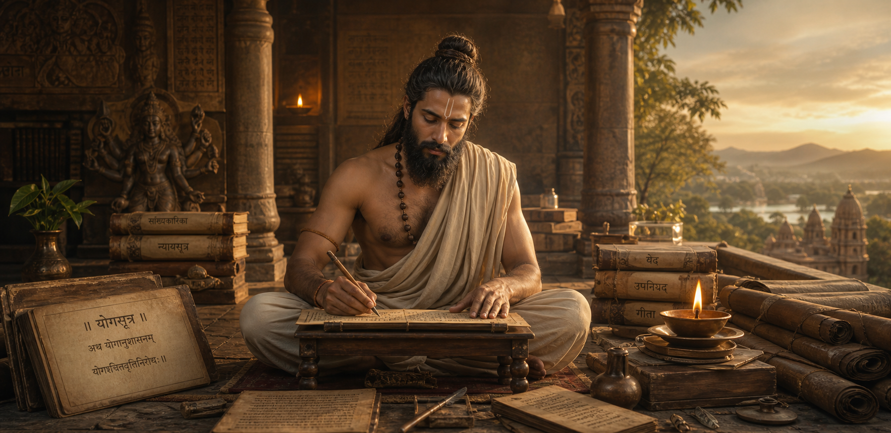 Patanjali in meditative form, symbolizing yoga, grammar, and medicine
