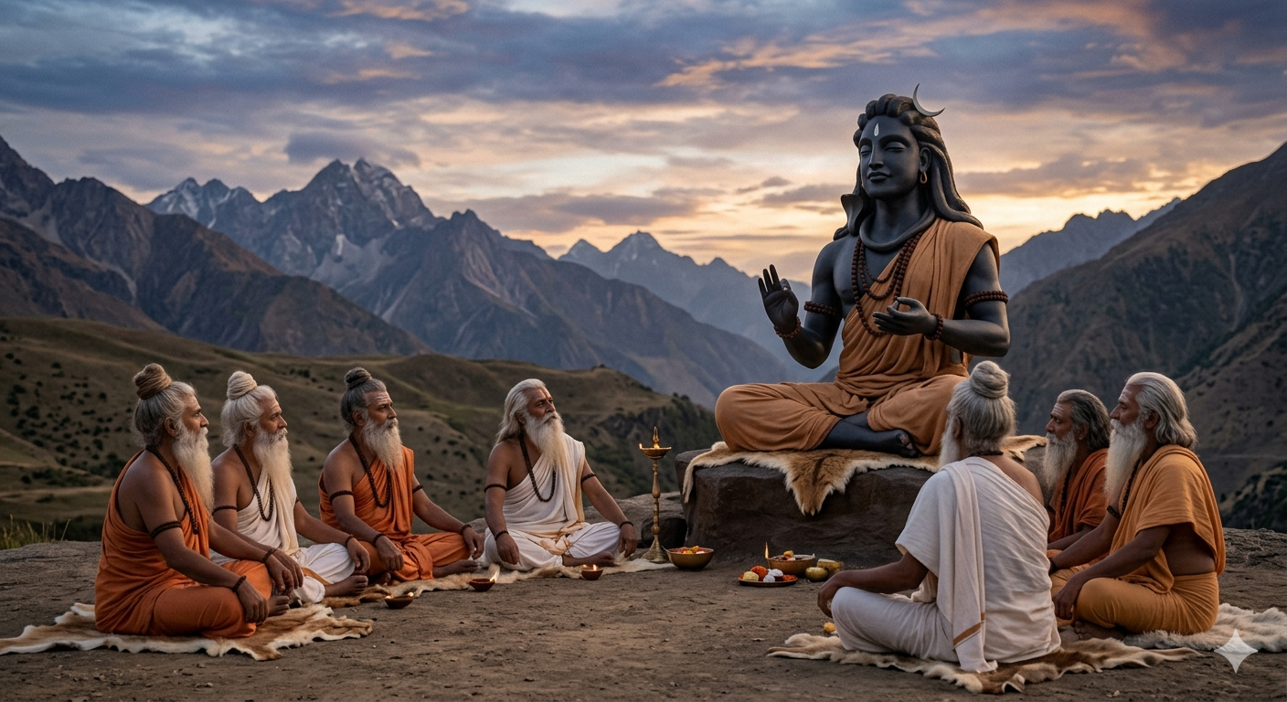 The Adiyogi Shiva sharing the secrets of consciousness with the seven seekers in the high Himalayas